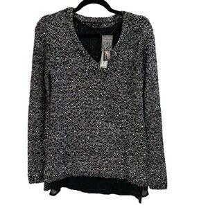 NWT‎ Apt. 9 Sweater Black Grey Sequin Infused V-Neck Long Sleeve Top Size Small